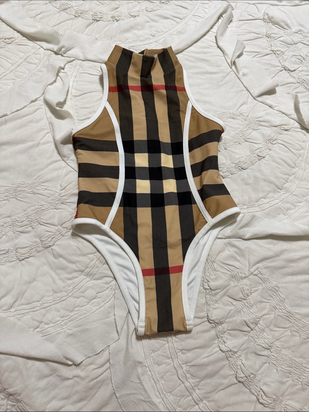 Burberry Beige, Black & Red Check High-Neck Kids One-Piece Swimsuit